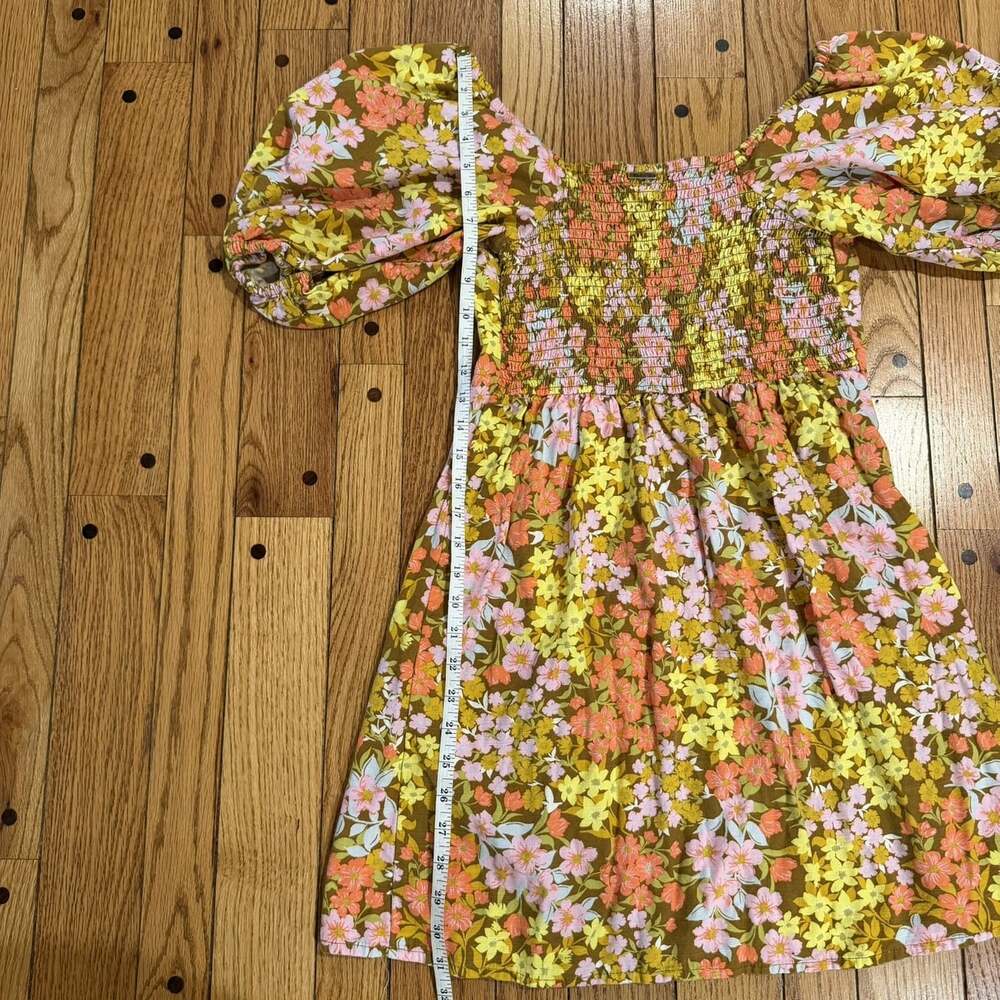 Billabong Women L Floral Mini Dress Square Neck Puff Sleeve Smocked Boho - Picture 12 of 12